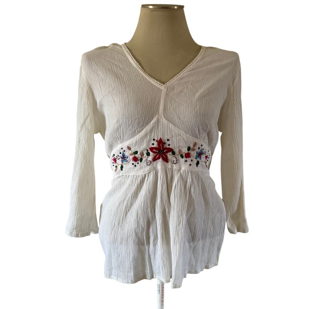 NWT Y2K 2000s White Babydoll Floral Embroidered Blouse Sz M Boho Renaissance